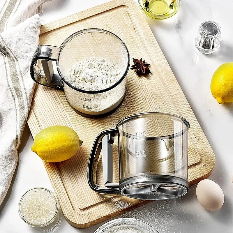 Compact Handheld Flour Sieve with Semi-automatic Function Baking Powder Shaker and Measure Cup Kitchen Tools