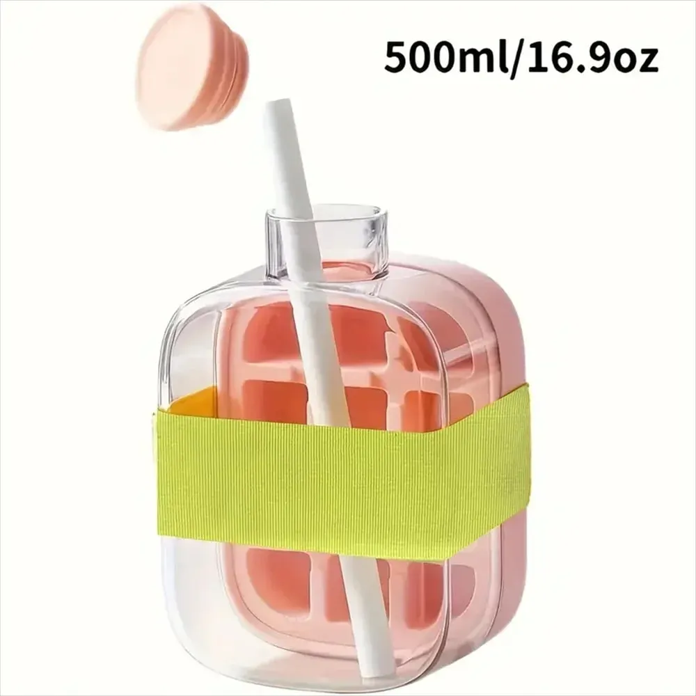 Ice Cube Bottle with Straw 2 In 1 Touch-Free Push-Type Ice Cube Making Bottle Easy Release Water Bottle Ice Mold