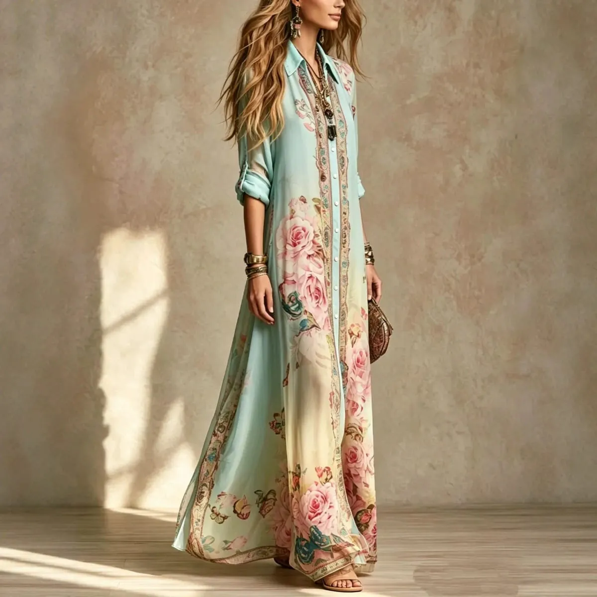 Boho Floral Print Shirt Dresses Women Turn-down Collar Single-breasted Loose Long Dress Summer Casual Beach Vacation Flowy Dress