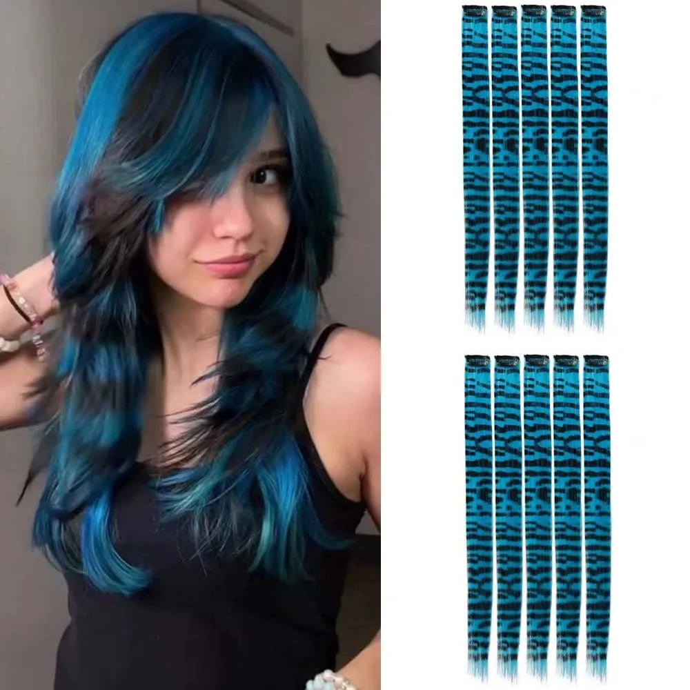10pcs/set Stripe Printed Hair Colorful Long Straight Hair Pieces Synthetic Clip-in Hair Extensions for Daily Use Party Christmas — image 14