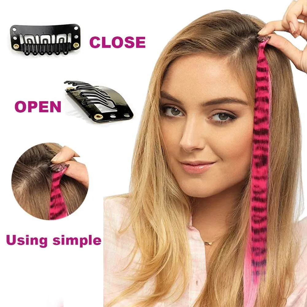 18' 7 Pcs Rainbow Long Straight Zebra Print Synthetic Feather Clip in Hair Extensions for Women Ideal Halloween Christmas