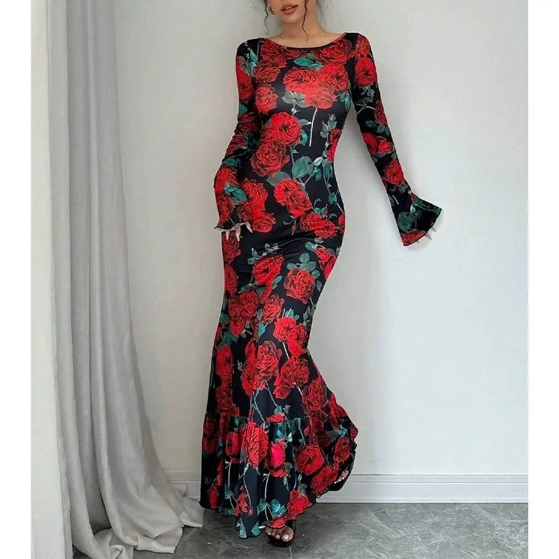 Elegant Rose Printed Maxi Dress O Neck Long Sleeves Bodycon Fishtail Dress Figure Slim Rose Floral Pattern Adds Charm Long Dress — image 5