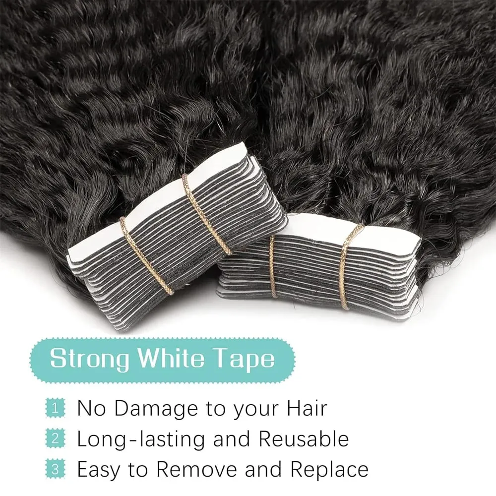 Kinky Straight Tape In Hair Extensions 20Pcs/50g Yaki Tape Ins Invisible Adhesive Glue Seamless Full Head Remy 100% Human Hair — image 2