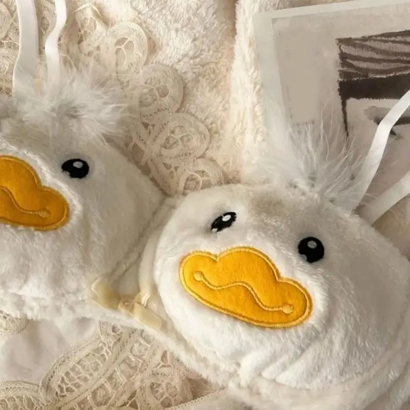 Women's 2Pcs Furry Bra and Panty Set Cartoon Duck Pattern Fuzzy Plush Wireless Underwear Japanese Anime Lingerie — image 3