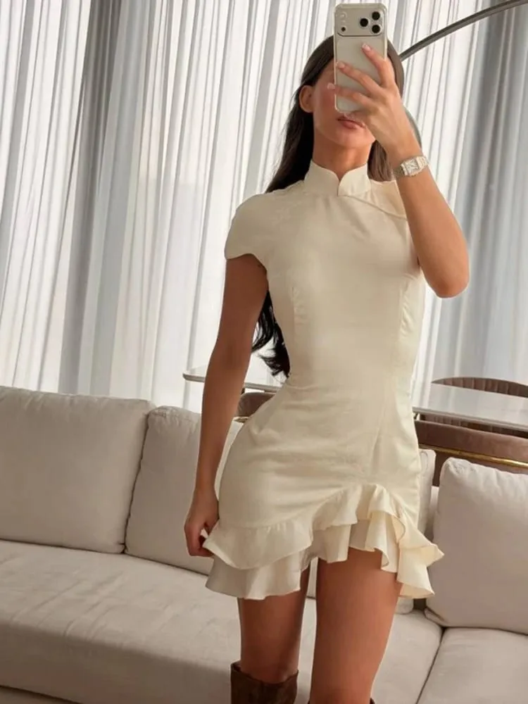 White Satin Patchwork Lace Trim Dress Women's Stand Collar Short Sleeve Ruffle Draped Sexy Dresses 2026 Lady Date Vestidos — image 4