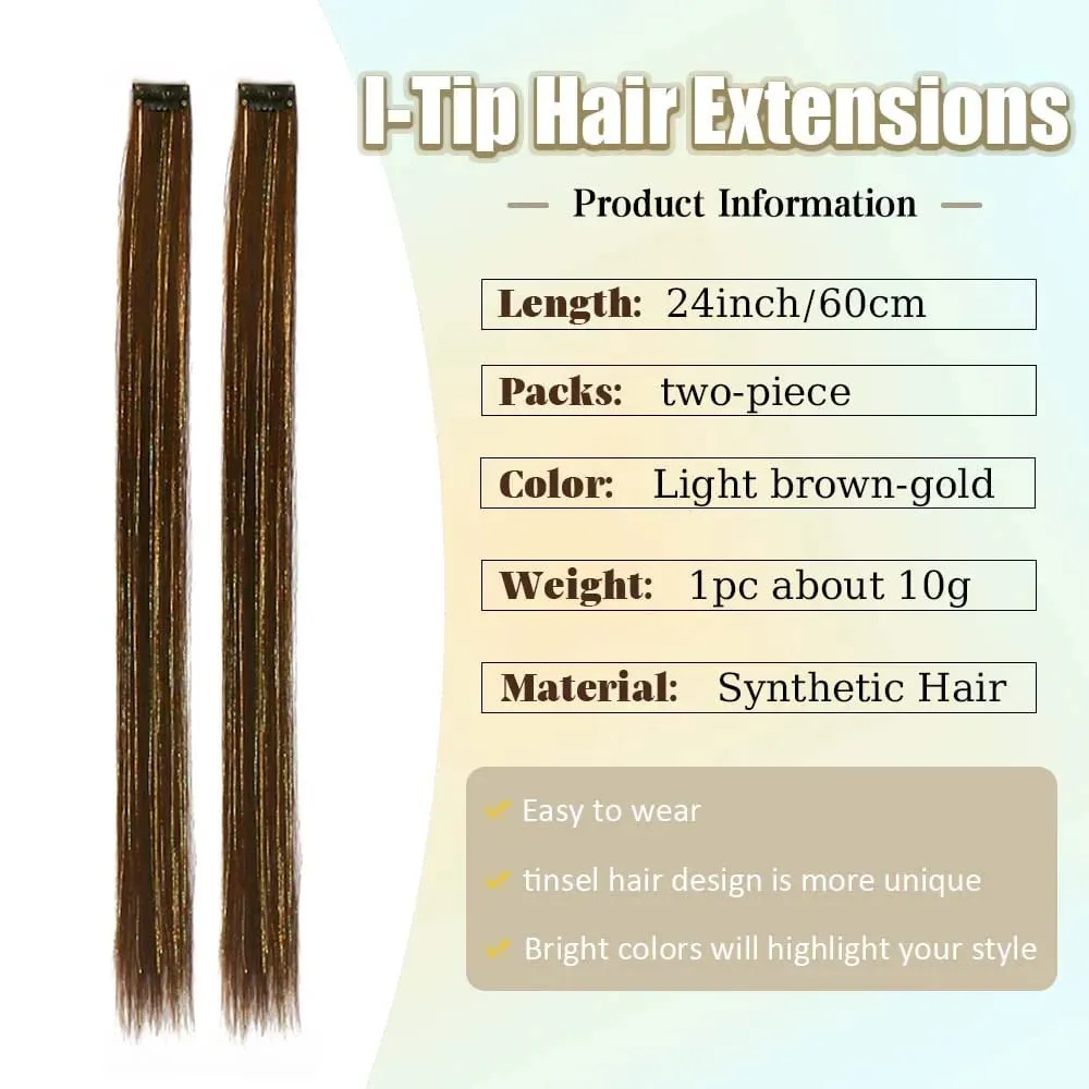 2PCS light brown with tinsel Hair Extensions 24inch Sparkling Hair Clips Multicolored Clip In On Hair Extension Synthetic Hair
