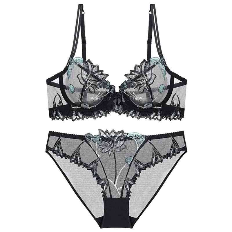 Sexy Lace Flowers Embroidery Bra Set Ultra Thin Breathable Steel Ring Bralette Lingerie French Underwear Set70-90 B C D