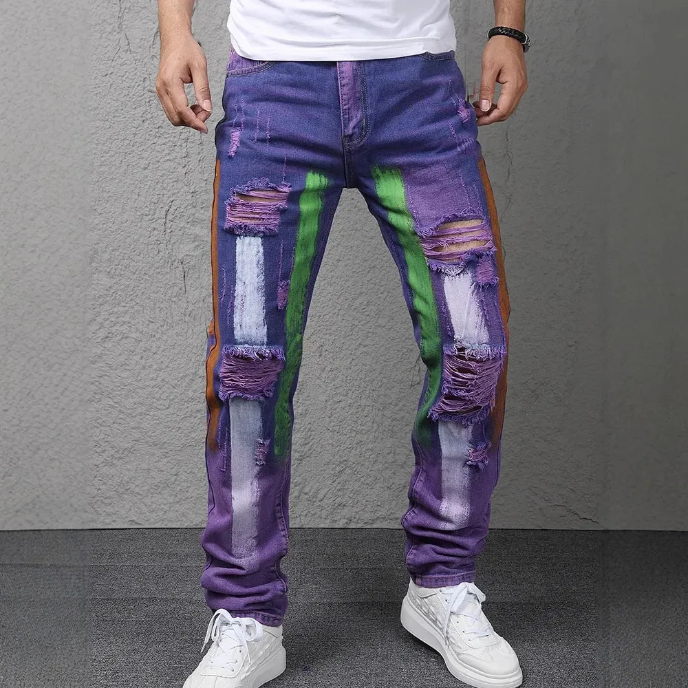 Men Painted Denim Jeans Contrast Color Holes Ripped Distressed Pants Non Stretch Cotton Slim Straight Trousers — image 10