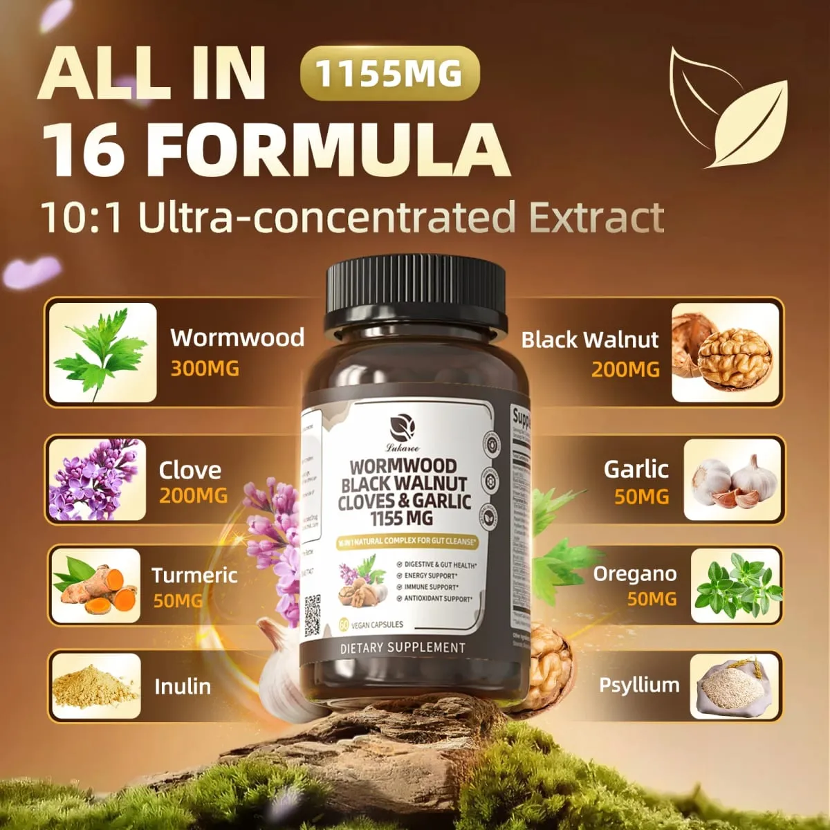Black Walnut Wormwood Capsules Rapid Gut Cleanse & Digestive Health with Clove Garlic Turmeric 98% Absorption Vegan Gluten-Free