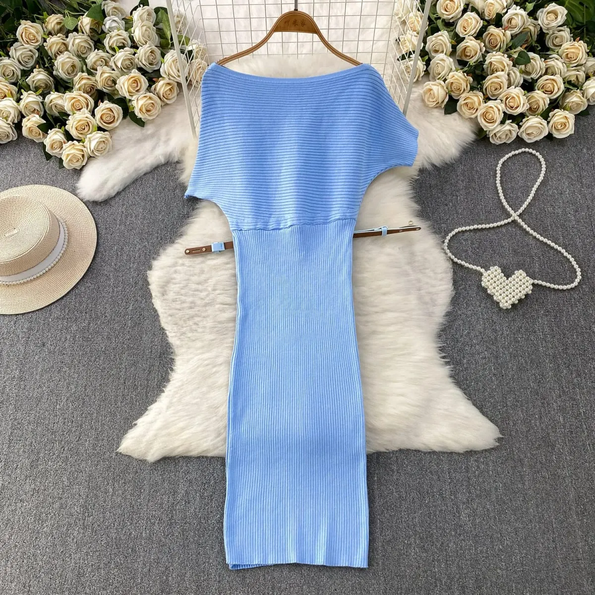 Summer Women Slash Neck Sundress Asymmetry Batwing Sleeve Knitted Dress High Waist Bodycon Solid Color Slit Dress Outfits