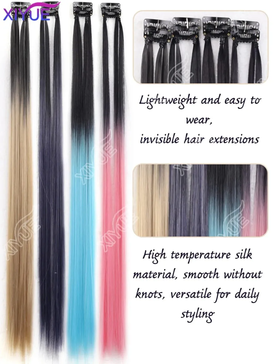 XY Hair Extensions 2pcs/pack Straight Extensions Multi-Colors Highlights Synthetic Hair Rainbow Hairpieces for Girls Halloween