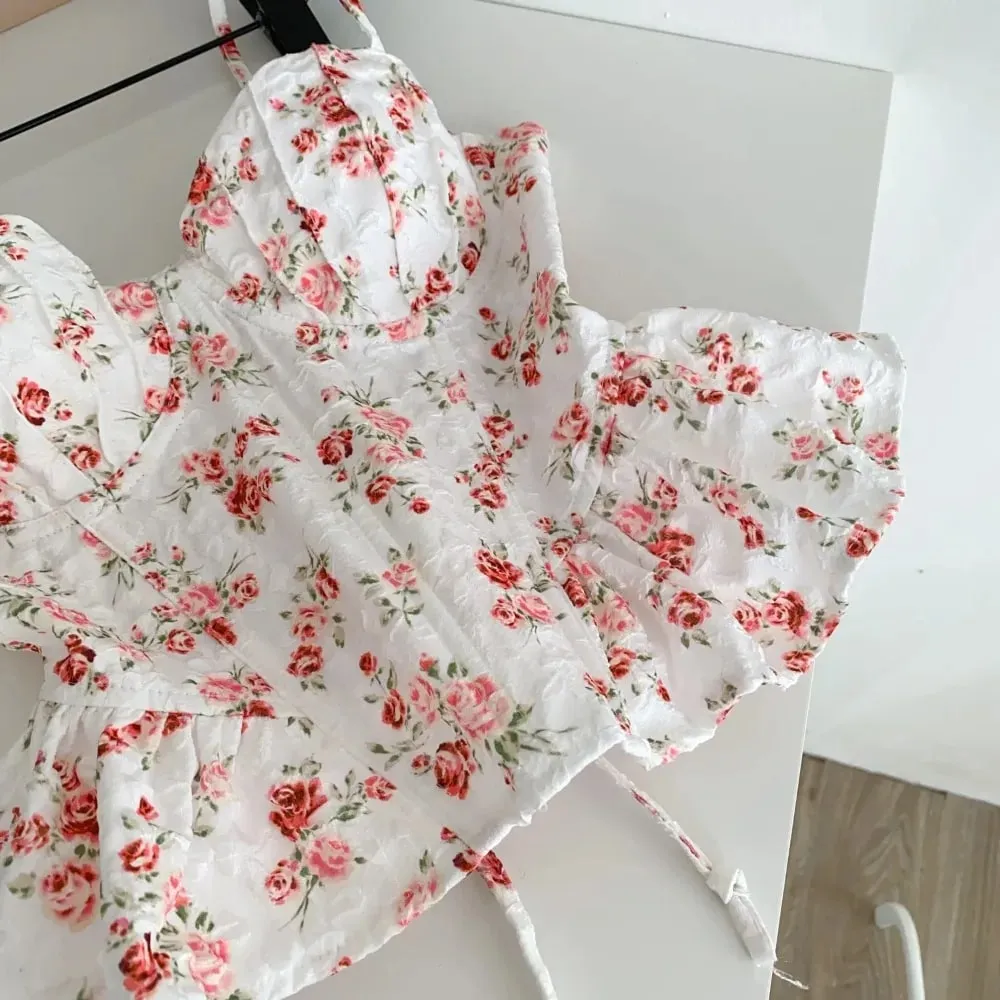 เซ็กซี่ Slim Corset ruffle พิมพ์เกาหลี Camis Tank Top Basic แฟชั่นปิดไหล่ฤดูร้อนเสื้อผ้าผู้หญิง