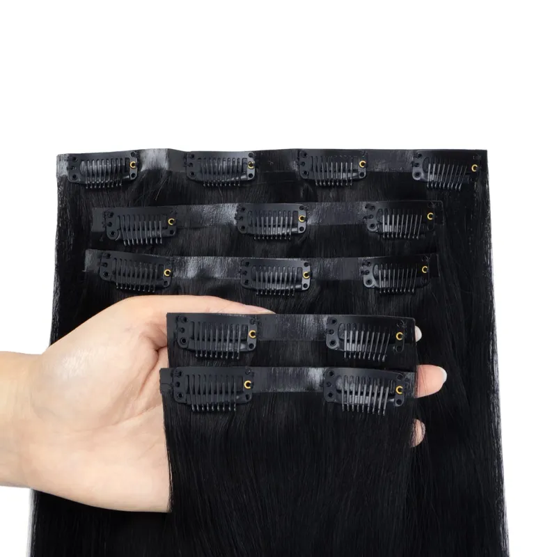 PU Seamless Clip In Hair Extensions Real Natural Invisible PU Tape Weft Clip Ins Machine Remy 12-24inch Invisible Clip Ins 7PCS