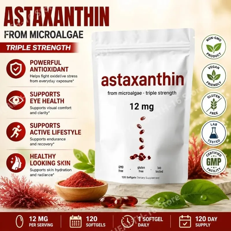 Astaxanthin 12mg Triple Strength Softgels Antioxidant for Eye Skin Joint & Immune Health From Haematococcus Pluvialis 120ct — image 1