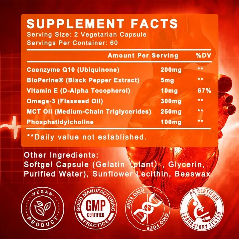 COQ10 Coenzyme Q10 200mg for Energy Antioxidant Cardiovascular Brain Health Natural Non-GMO