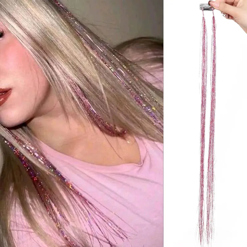 24 inch 1Pcs Colored Hair Extensions with Tinsel Long Straight Hairpiece Color Party Highlights Clip in Synthetic Hair Extension — image 13