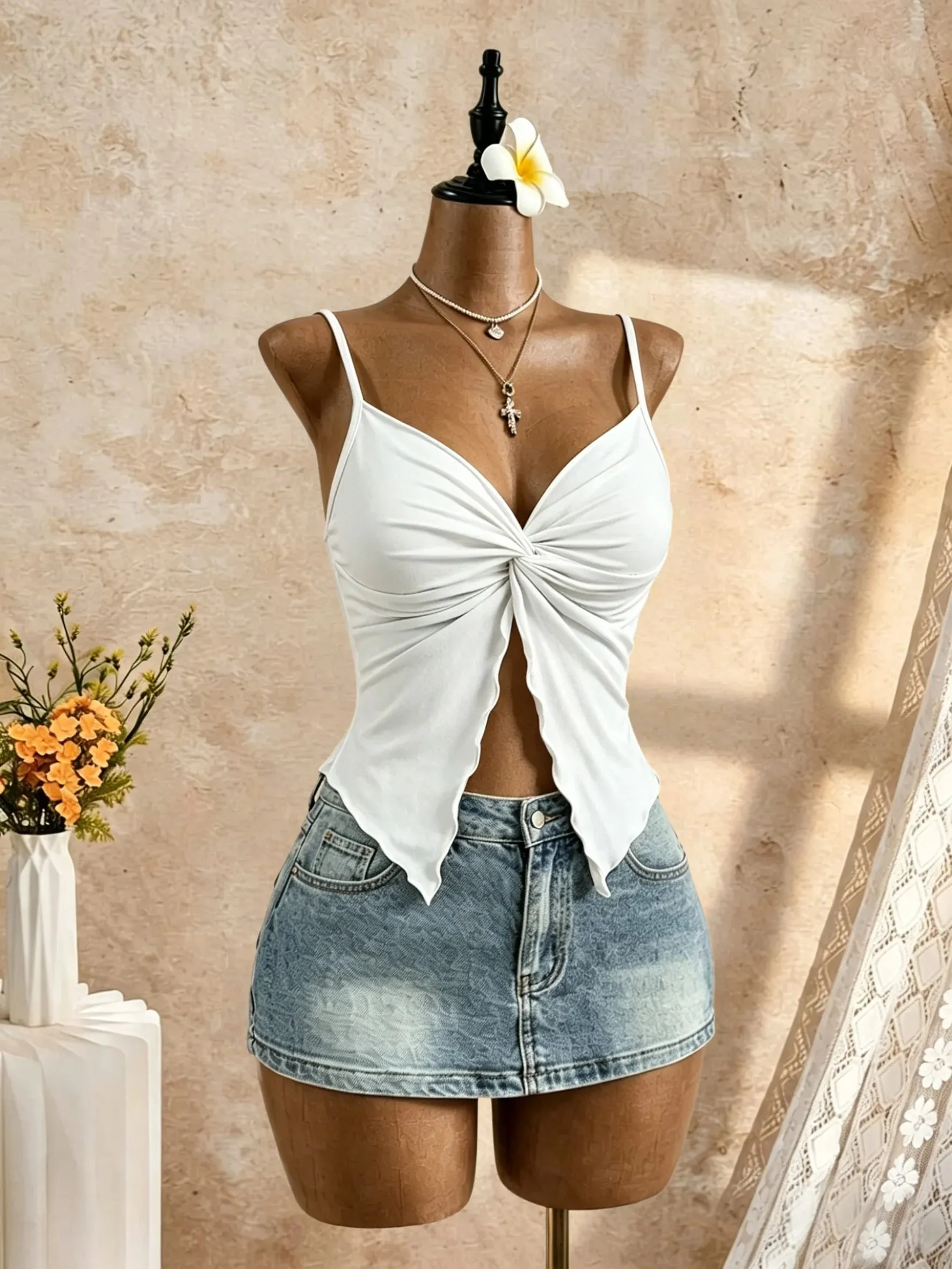 Women Spaghetti Strap V Neck Twist Front Cut Out Ruffle Irregular Hem Slim Fit Crop Cami Top 2026 Summer Y2K Solid White Sleevel