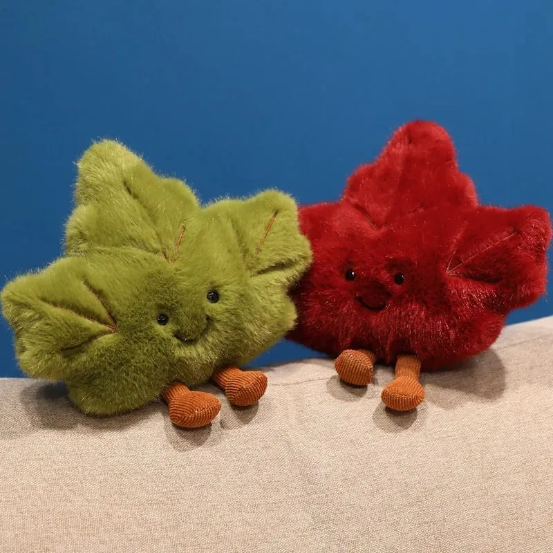 Cute Maple Leaf Plush Pillow Stuffed Red Green Plant Cushion with Legs Smiling Face Cute Plushie Sofa Chair Decor Gift