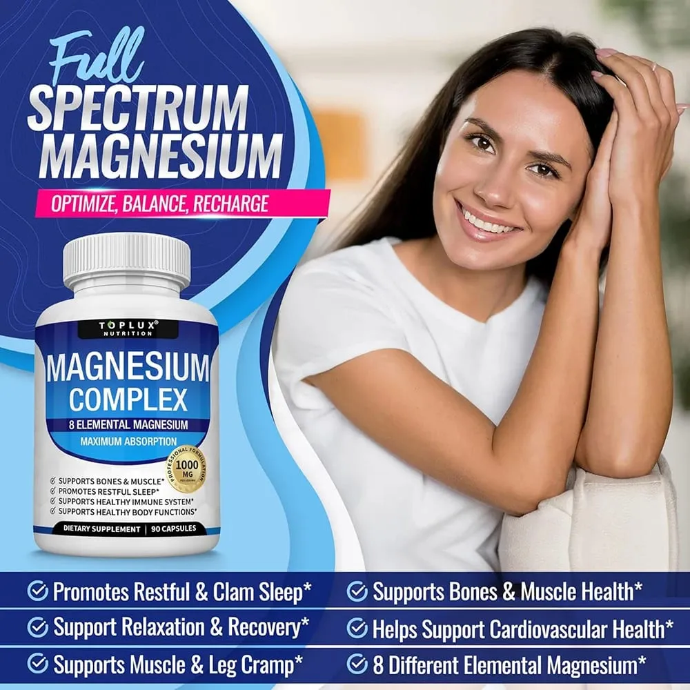 Magnesium Complex Supplement | 1000mg Magnesium Glycinate Malate Citrate | 8 Elemental Chelated Formula | Vegan Non-GMO 90 C