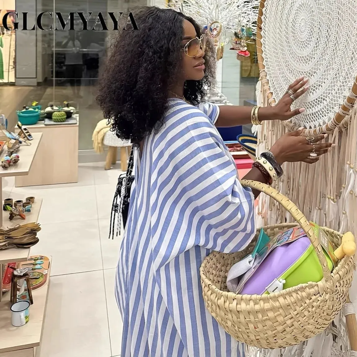 2026 Fall Holiday Half Sleeve Striped Print V-Neck Loose Long Dress Street Africa Women Party Vestidos Dresses Vestidos