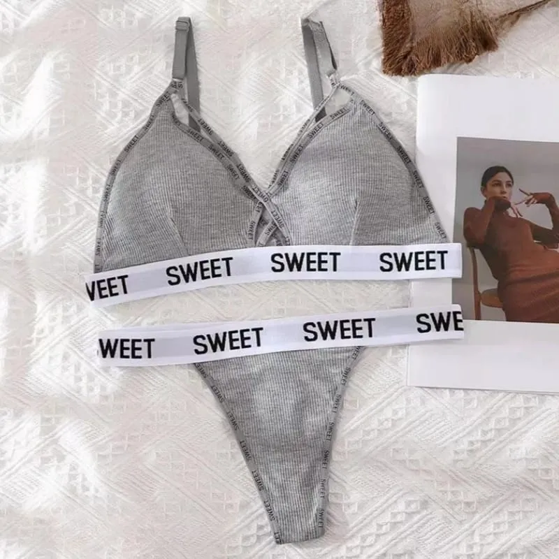 Women Padded Bra And Panties Set Front Cross Wireless Bra Low Rise G-string Female Letter Strap Underwear Sexy Lingerie Set — image 10