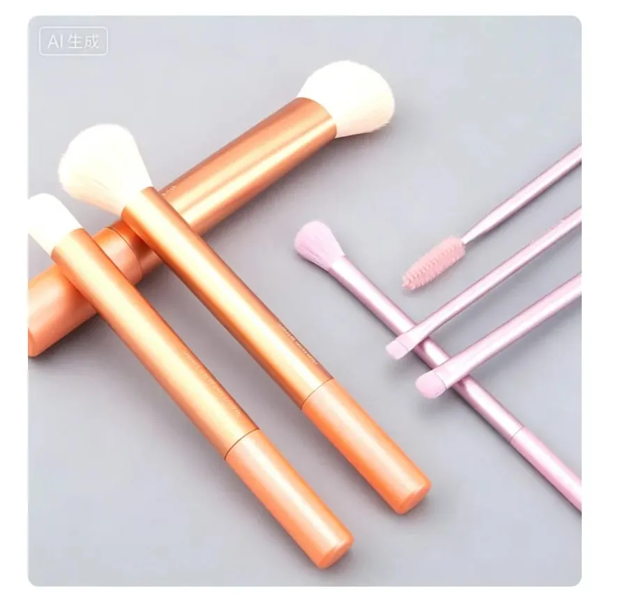 7Pcs R Series Orange Slanted Cut Makeup Brush Set with Beauty Sponge Blender Fluffy Brushes for Foundation Make-up
