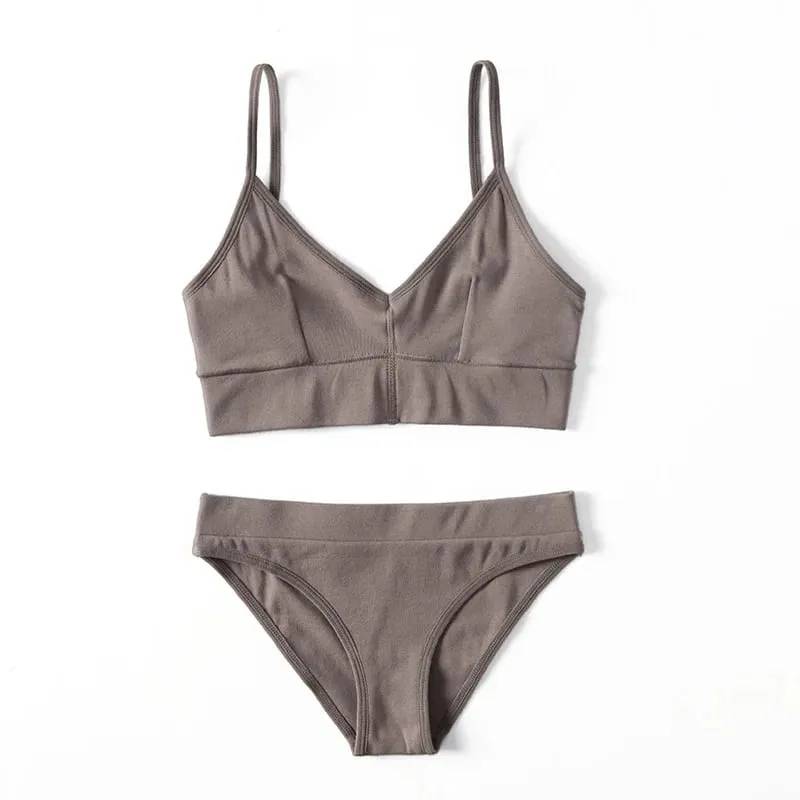 Solid Color Women Underwear Set Thin Strap V Neck Bra Briefs Soft Stretch Lingerie Sleep Outfit