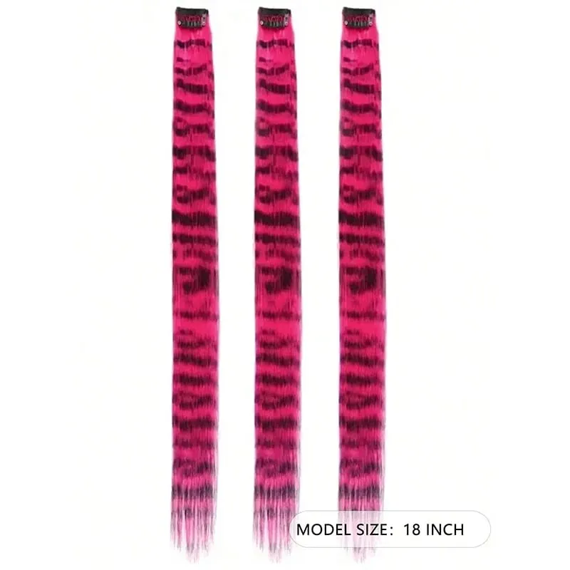 3Pcs Leopard Print Hair Extensions Synthetic Stripe Printed Hair Piece Colorful Long Straight Clip In Hair For Women Girls Party — image 3
