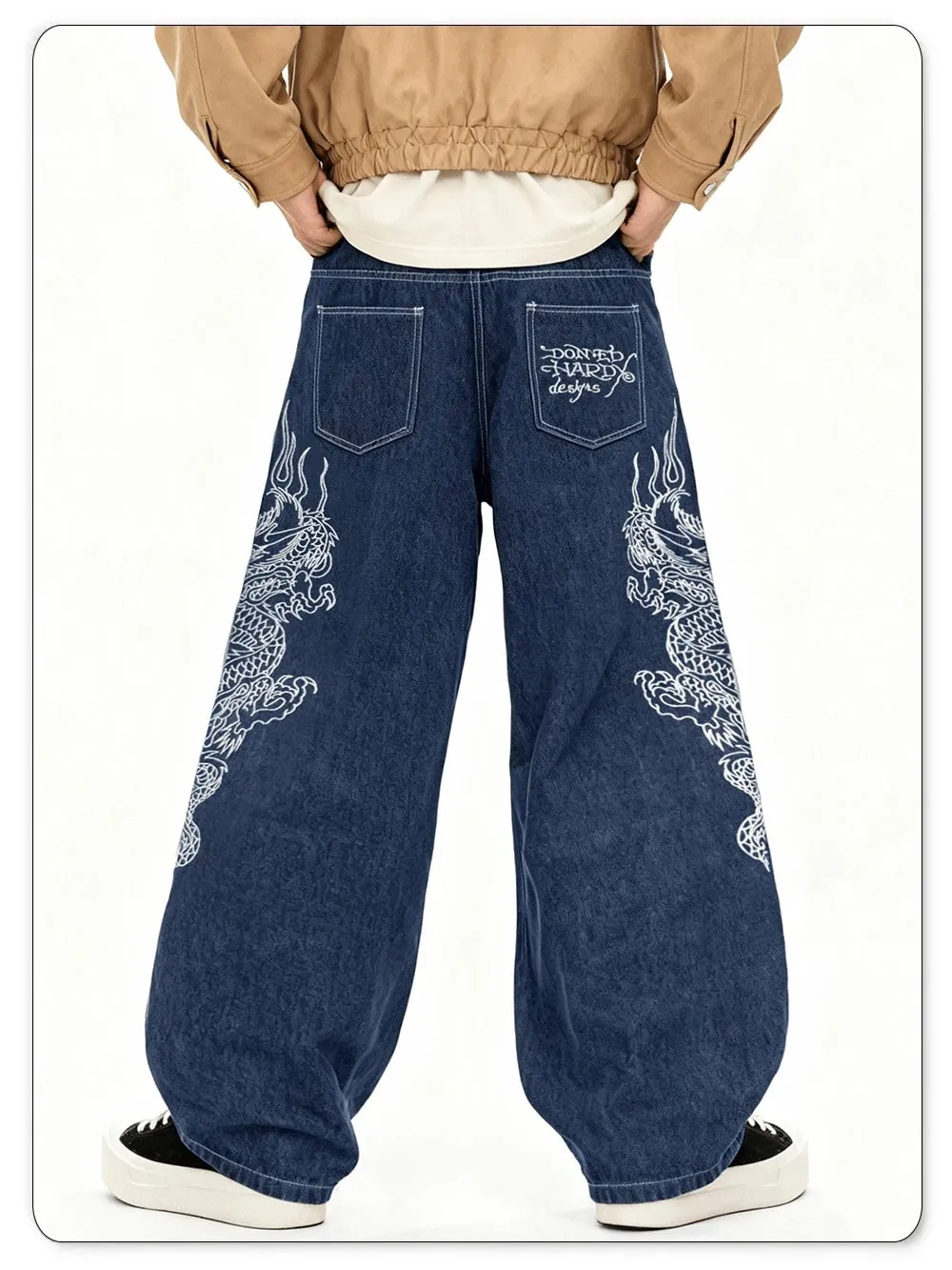 Korean Street Blue Baggy Wide Leg Men's Jeans Personalized White Dragon Pattern Embroidery Denim Pants Gothic Male Jeans Unisex — image 9