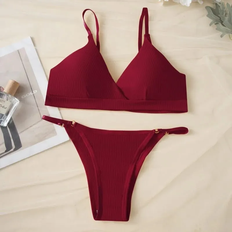 Women Ribbed Triangle Bra And Panties Set Wireless V Neck Thin Strap Bra Low Waist Briefs Ladies Removable Pads Lingerie Set — image 10