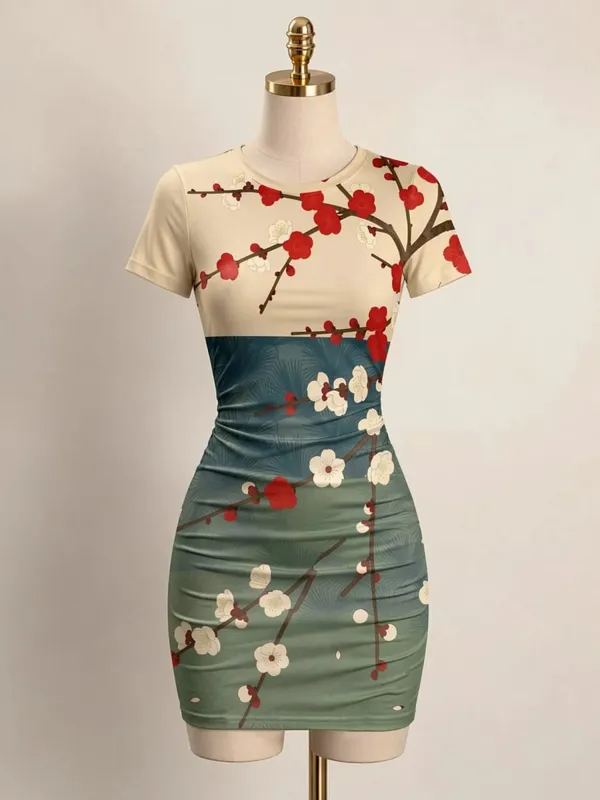 Womens Short Sleeve Bodycon Mini Dress Slim Fit Crew Neck Floral Print Casual Summer Party Cute Stretch Modern Vacation Sundress — image 13