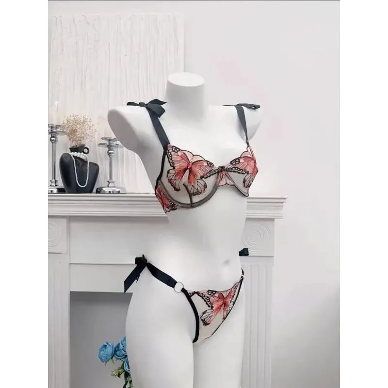 Butterfly Embroidery French Lace Bra Sheer Net Elastic Straps No Padding Romantic Womens Lingerie Set S-XL Soft Comfy — image 4