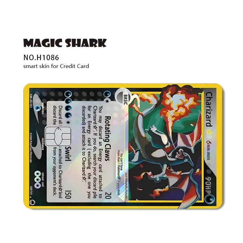 Tubarão mágico mew charizard ex eevee gengar pikachu tcg cartão holográfico laser filme de pele adesivo para cartão de crédito bancário