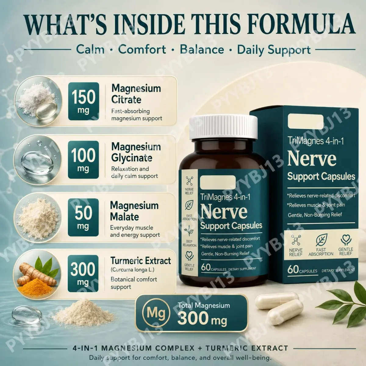 4-in-1 Magnesium Nerve Support Capsules with Citrate Glycinate Malate & Turmeric Extract 60 CT Fast Absorption Formula