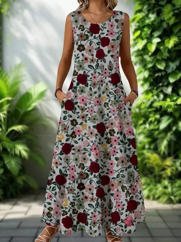 2026 New Women's Dress Fashion Floral Print New Sleeveless Design Dresses Summer Outdoor Beach Vacation Ankle Long Women's Dress