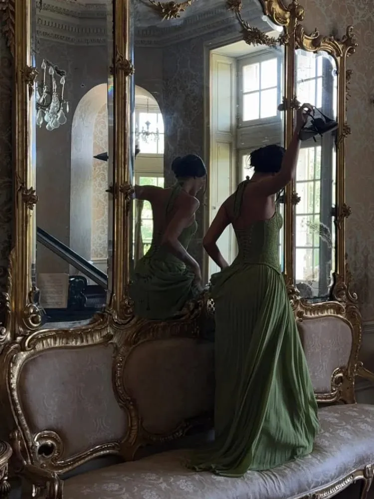 Chic Green Fishbone Halter Long Dress Lady Sexy Solid Backless Pleated Off-Shoulder A-Line Dresses 2026 New Christmas Party Gown — image 6