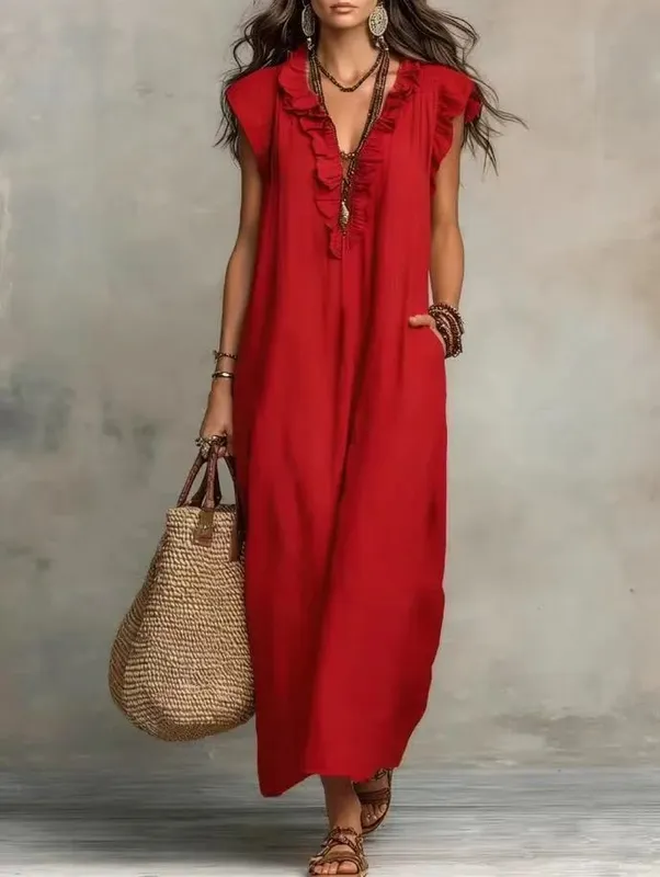 2026 verão feminino boho algodão linho maxi vestido cor sólida plissado decote em v sem mangas solto vestidos longos com bolsos casual praia