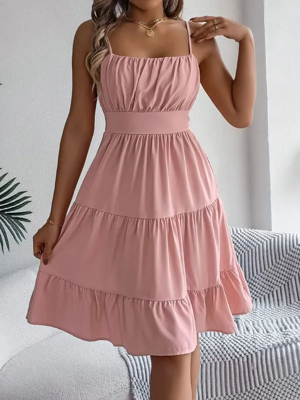 Casual Vacation Ruffled Camisole Dress Spring Summer Women's Solid Dresses For 2026 Valentine's Day Woman Clothing Pink Blue — image 13