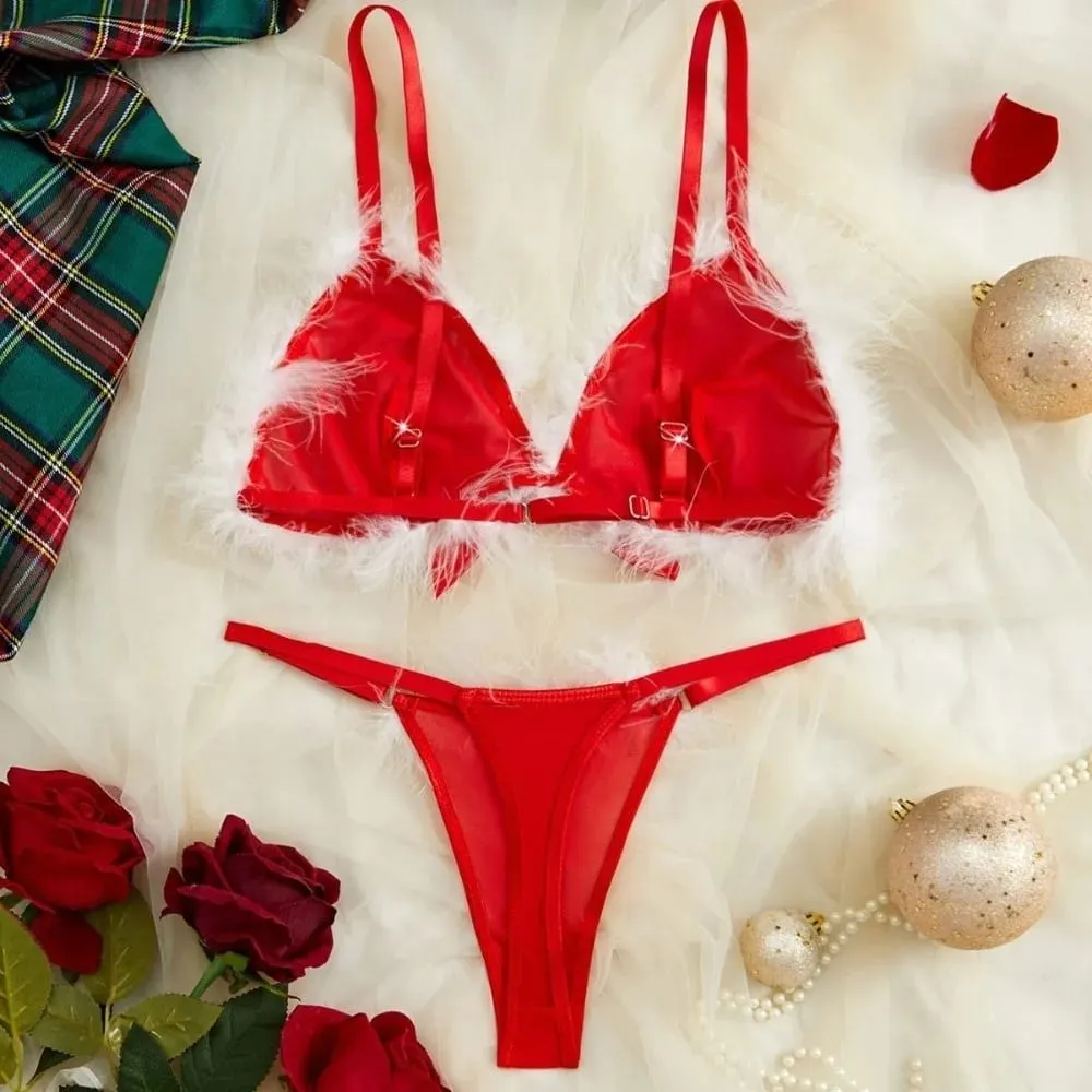 Furry Women's Underwear Mesh Transparent Bow Decor Lingerie Set Romantic Intimate Wireless Bra Panties Suit Anniversary