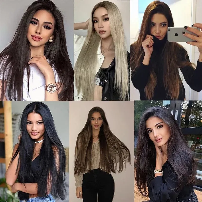 Synthetic 24Inch Long Straight One Piece Hair Extension 4 Clips V-shaped Hairstyle Black Brown Hairpiece for Women Daily Use