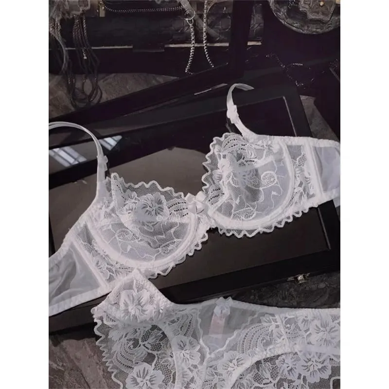 French Ultra-thin Lace Lingerie Set for Large Breasts Sexy See-through Underwire small Bust Lift Anti-sag Soft Comfy Daily Set