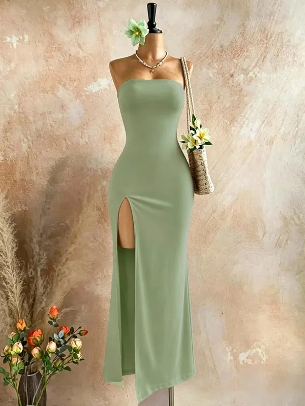 Women Strapless Tube Top Midi Bodycon Dress High Side Slit Solid Black Sleeveless Slim Fit Evening Party Long Dress