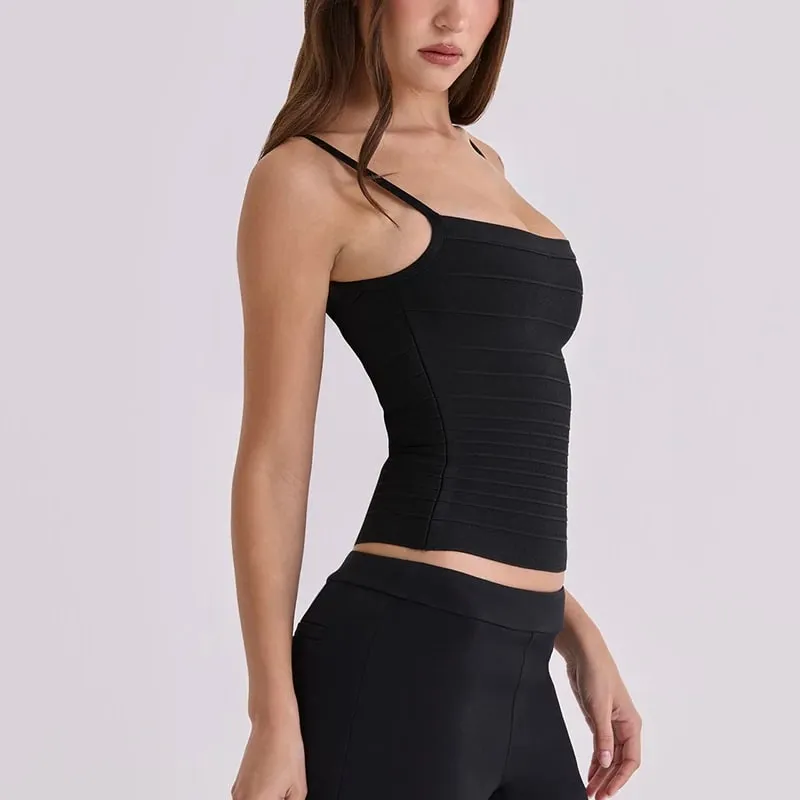 Women Summer Solid Color Bandage Camisole Slim Fit Square Neck Spaghetti Strap Ribbed Knit Cami Top