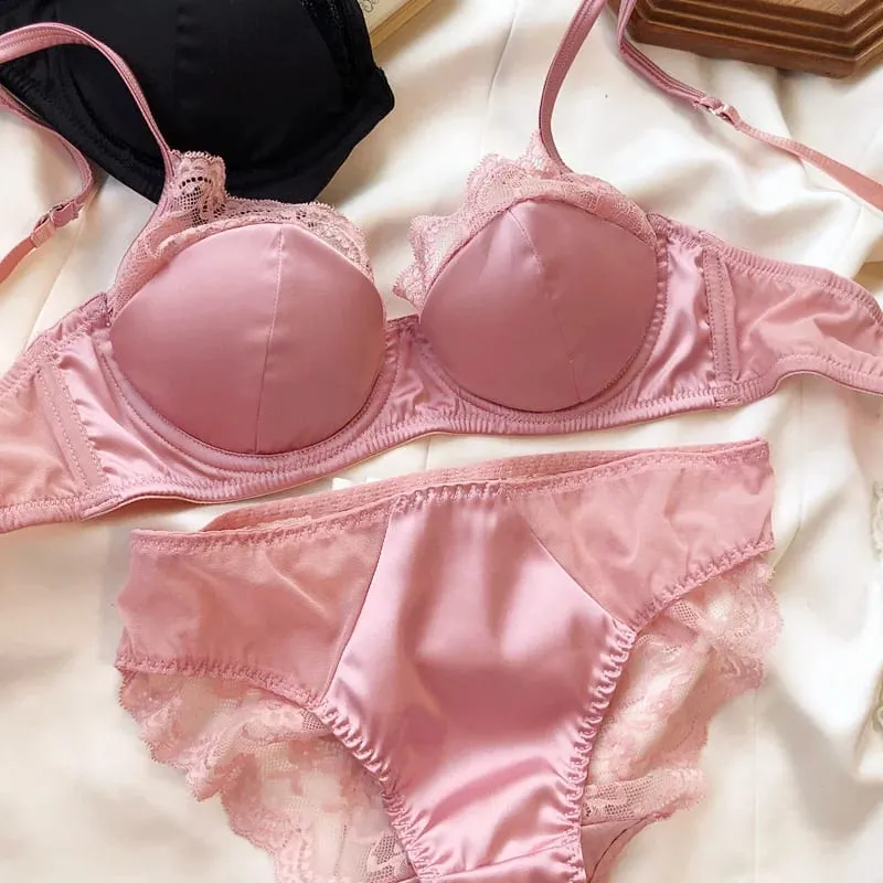 Lace satin thin section of large breasts show small gathered lingerie soft steel ring underwear set women sweet bra — image 4
