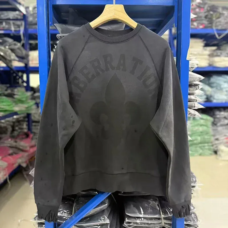 Heavy Fabric Cotton Oversized Patchwork Saint Sweatshirts Men Women Vintage Washed Carbon Gray Splash-Ink Damaged Hole Pullovers