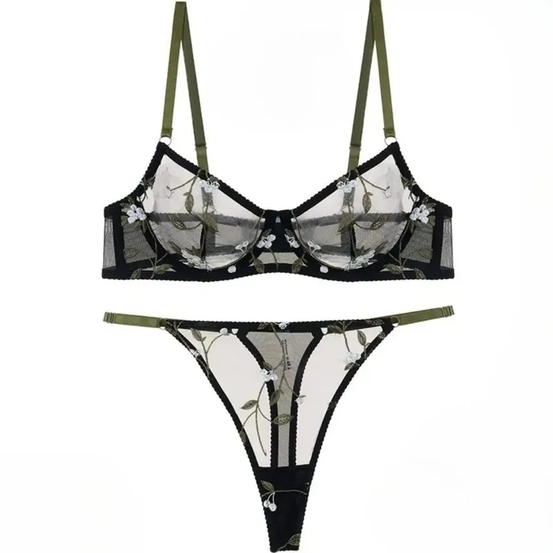 Best Seller Sexy Transparent Mesh Embroidery Lingerie Suit Ultra‑Thin Sheer Bra & Thong Panties Comfort Women Underwear 32‑38AB