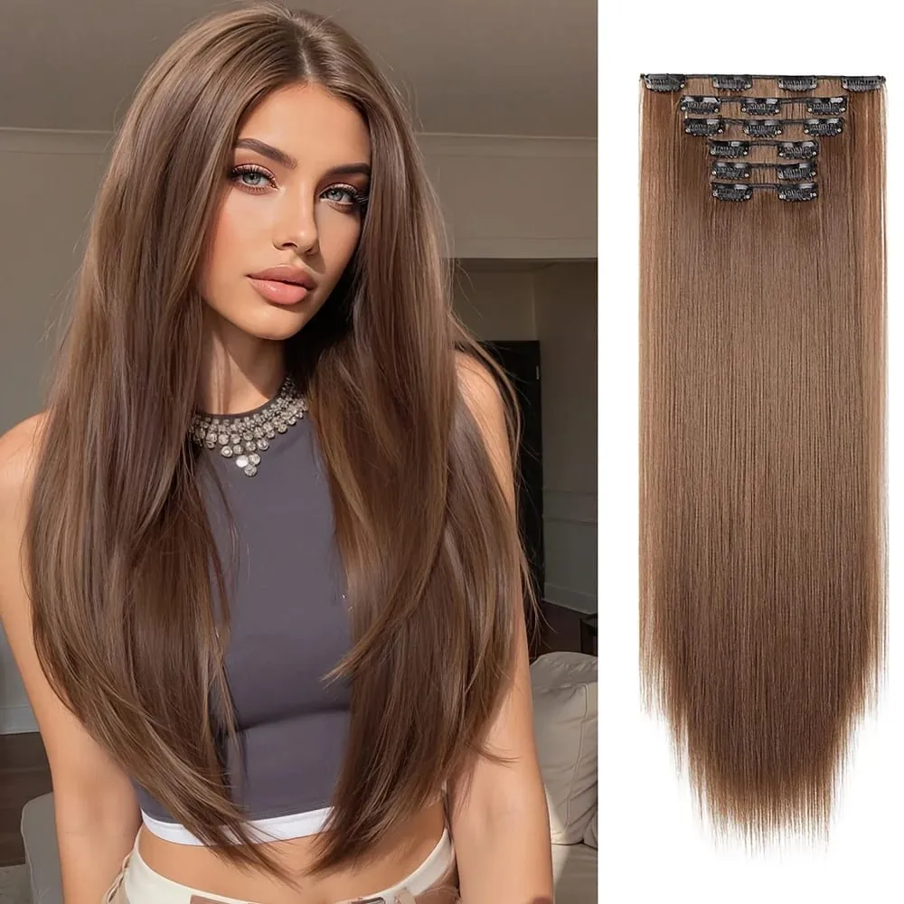 26-inch Light Brown Straight Synthetic Fiber Hair Extensions Multi-Clip Long Hair Extensions (6pcs) for Women