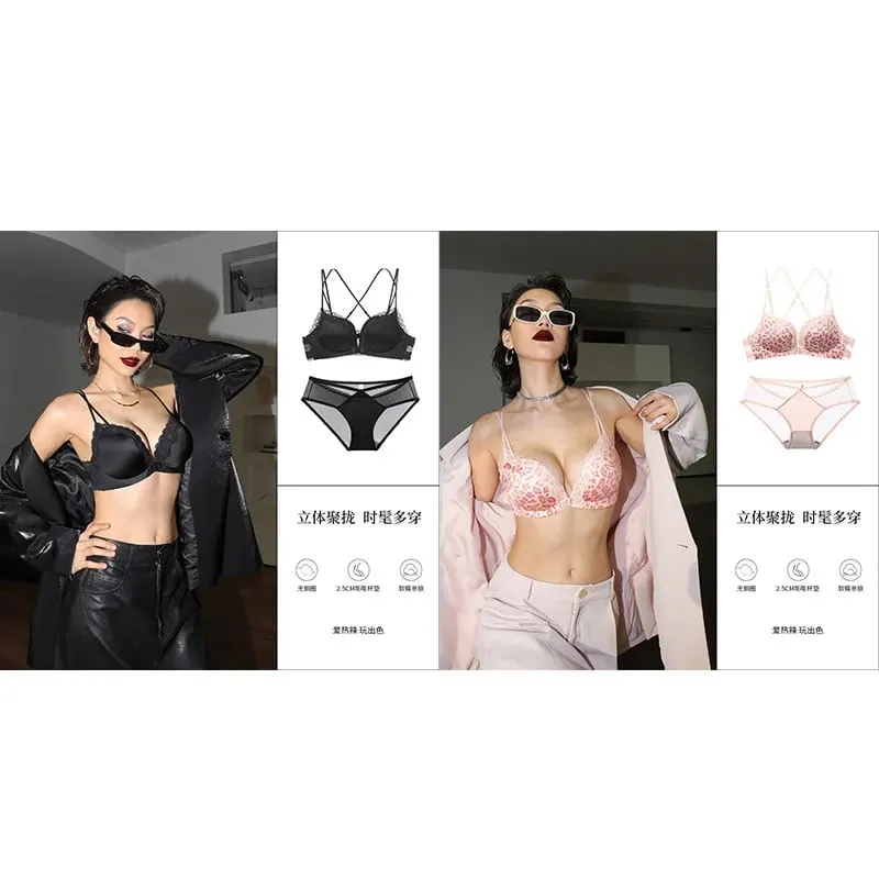 Victoria Style MOYISU Pink Leopard Wireless Bra Set Front Hook Design Push Up Bralette Sexy Back Lingerie To Boost Small Bust — image 22