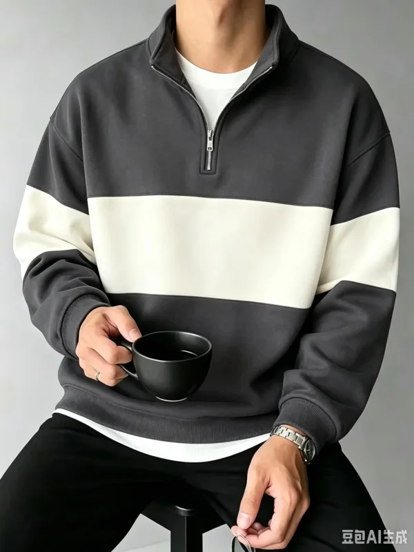 Autumn and Winter Color Blocking printed Men's Clothes Casual Half Zip Long Sleeve Sweatshirts Street Trend Stand Collar Hoodies — image 6