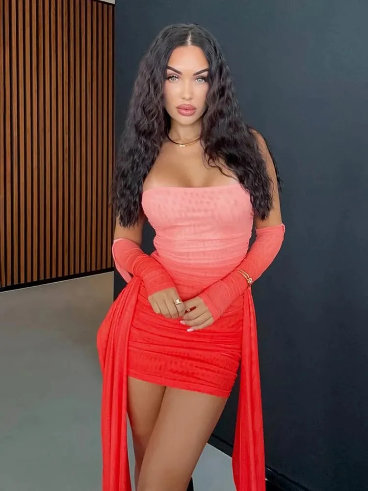 Weird Puss Sexy See Through Dress+Shawl Women Side Ribbon Ruched Coquette Skinny Midnight Clubwear Summer Vacation Party Bodycon